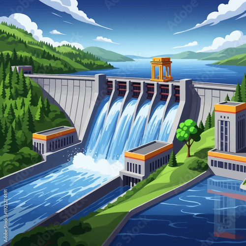 Hydroelectric dam producing clean energy in a lush mountain landscape with powerful water cascading, surrounded by green trees and a clear sky.