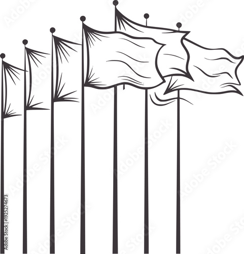 Black and white line of multiple flags poles