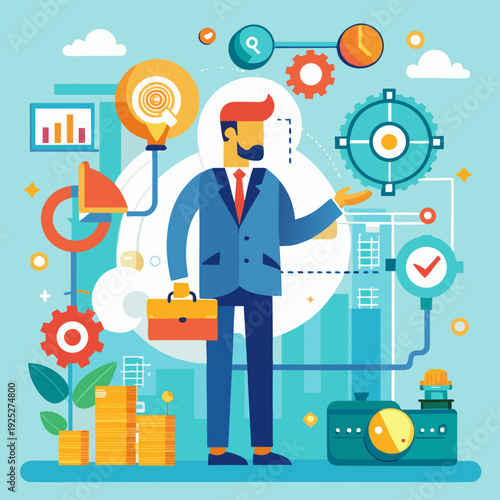 business man with money. Quality and process improvement concept with businessman solving problems, enhancing organizational processes, implementing continuous improvement, and boosting industrial man