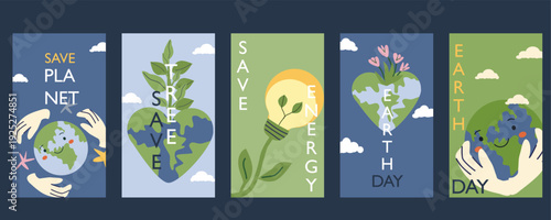Set of eco posters. Earth Day greeting cards with globe and hands, flowers and heart shape. Save tree and save Planet posters set. Eco friendly, environment concept vector illustration.