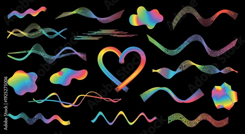 Vibrant Rainbow Shapes and Swirls on Black Background.