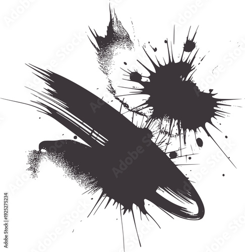 Dark grey ink splatters and brush strokes white abstract black chaos