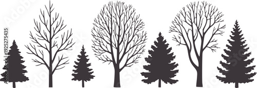Minimalist black and white silhouette collection of various trees