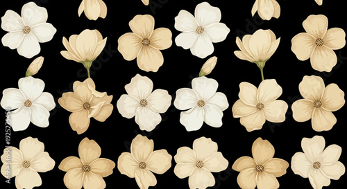 Collection of beige and white flowers on a black background.