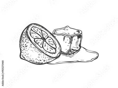 Halved Citrus and ice cube melt in water puddle vector illustration painted by black inks. Monochrome lemon or lime fruit with crystal freezer brick graphic sketch. For summer drink, cold beverage
