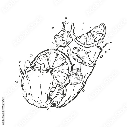 Lemon slices, cut aloe leaves and ice cubes on water splash vector illustration in black ink etching style. Hand drawn cold citrus fruit, succulent piece flying in juice splatter waves, drops sketch