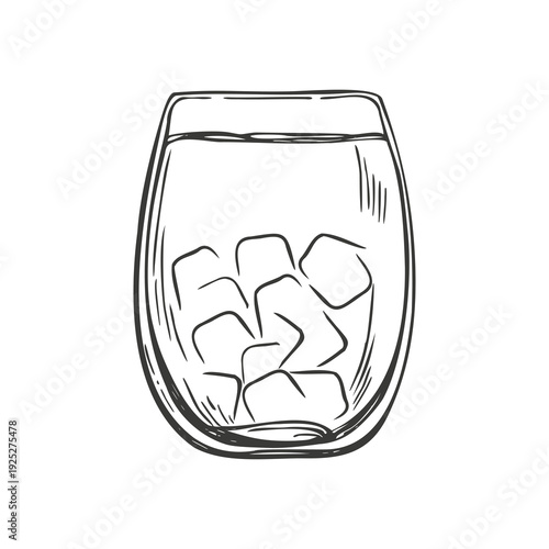 Drink Glass with ice cube silhouettes monochrome vector illustration. Cold water nonalcoholic beverage hand drawn etching drawing. Tonic or bubble tea with aloe in tumbler for summer drink design