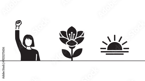 Woman Celebrating with Raised Fist in Minimalist Style with Simple Shapes and Black Silhouette for Social Justice