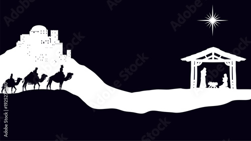 A Christmas nativity scene with baby Jesus in the manger, wise men and city of Bethlehem in the background