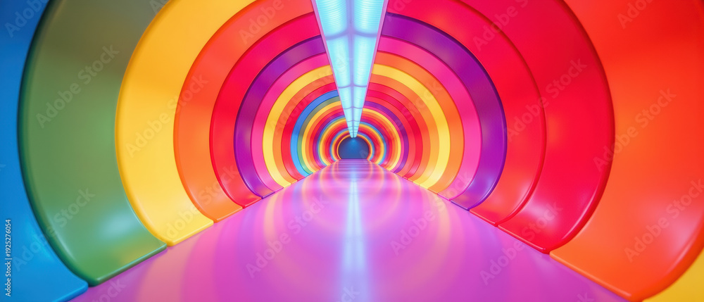 Fototapeta premium Colorful tunnel rainbow arch vibrant light futuristic corridor glossy floor abstract pattern symmetry immersive playful modern design