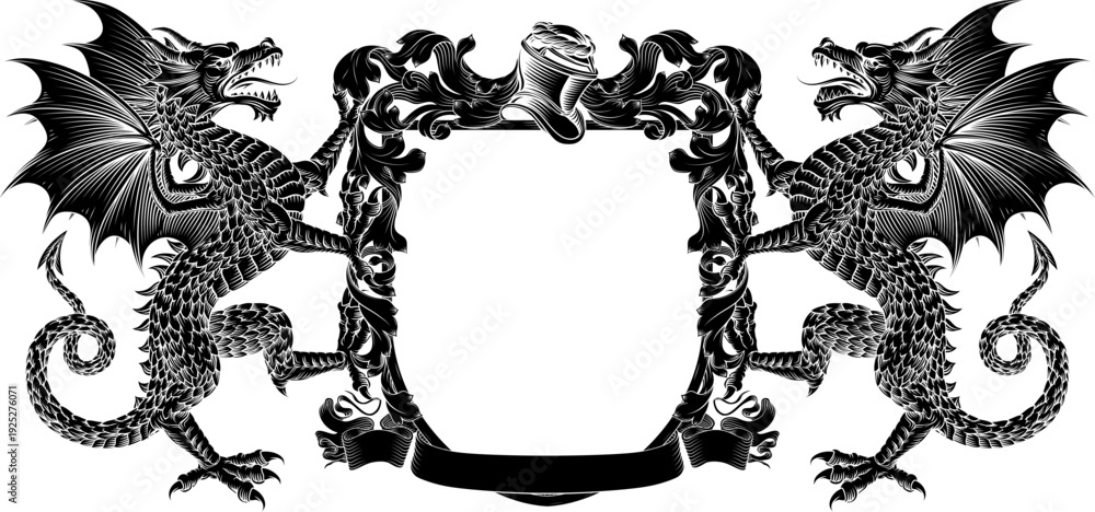 Fototapeta premium Dragons coat of arms or crest family heraldry medieval heraldic knight shield with helmet and acanthus filigree scroll ornament in a vintage woodcut style.