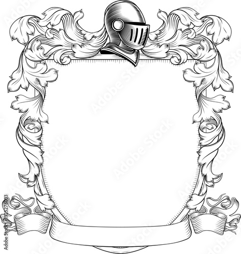 A coat of arms or crest family heraldry medieval heraldic knight shield with helmet and acanthus filigree scroll ornament in a vintage woodcut style.