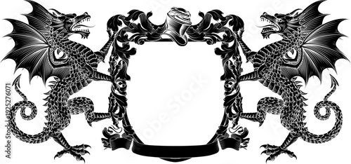 Dragons coat of arms or crest family heraldry medieval heraldic knight shield with helmet and acanthus filigree scroll ornament in a vintage woodcut style.