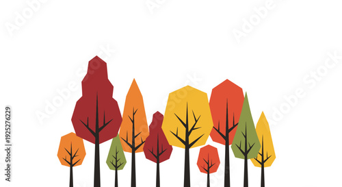 Autumn Forest Landscape, Colorful Trees, Geometric Shapes, Fall Season, Vector Illustration