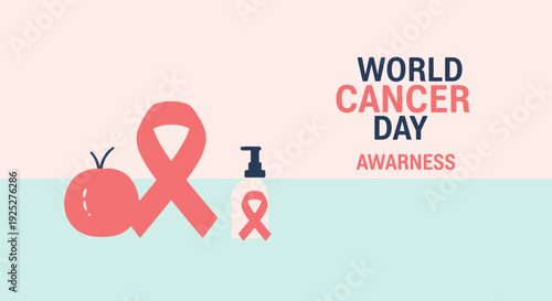 World Cancer Day Awareness Banner Illustration with Pink Ribbon Symbol, Healthy Peach, and Medical Supplies in Pastel Flat Design
