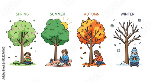 Four Seasons Tree and Girl: Spring, Summer, Autumn, Winter