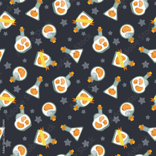 Magical pumpkin potion bottles seamless vector pattern