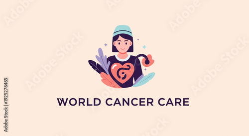 World Cancer Care Concept Illustration. Healthcare Worker or Advocate with Heart Icon. Global Oncology Awareness and Support Graphic.