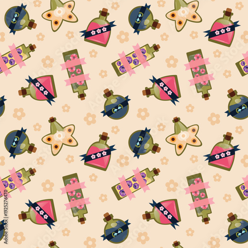 Cute flower infusion bottles seamless vector pattern
