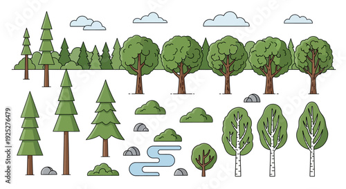 Diverse Forest Landscape Elements: Trees, River, Clouds, Rocks, Bushes - Nature Vector Illustration
