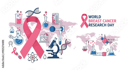 World Breast Cancer Research Day Banner with Pink Ribbon, Science Icons, DNA, and Global Awareness Concept.