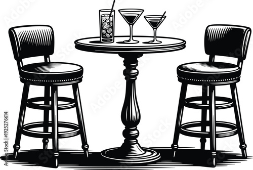 Black and white vector illustration of a round bar table with two high stools and three cocktail drinks for nightlife and restaurant designs