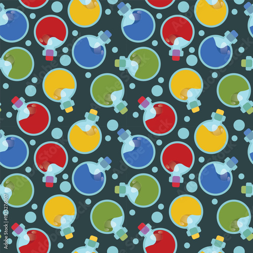 Colorful cartoon potion bottles seamless pattern