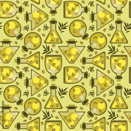 Delicious olive oil bottles seamless vector pattern