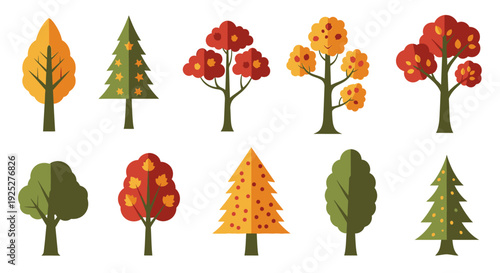 Set of stylized autumn and evergreen trees, flat design, isolated on white background