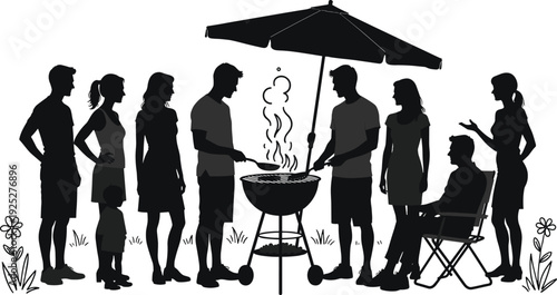 Black vector silhouette of a family and friends having a backyard barbecue party with people grilling food under an umbrella for summer celebration designs