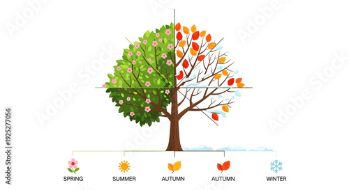Tree Showing Four Seasons: Spring, Summer, Autumn, Winter