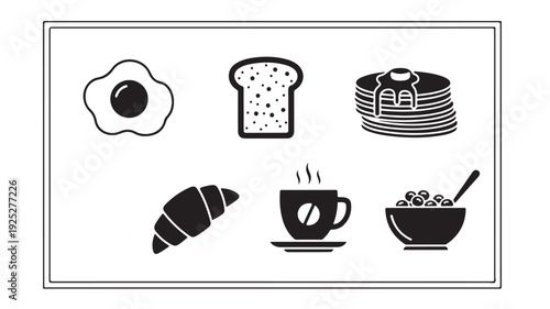 Breakfast Food Icons Set in Simple Monochrome Style with Black and White Color Scheme on Clean White Background for Web Design