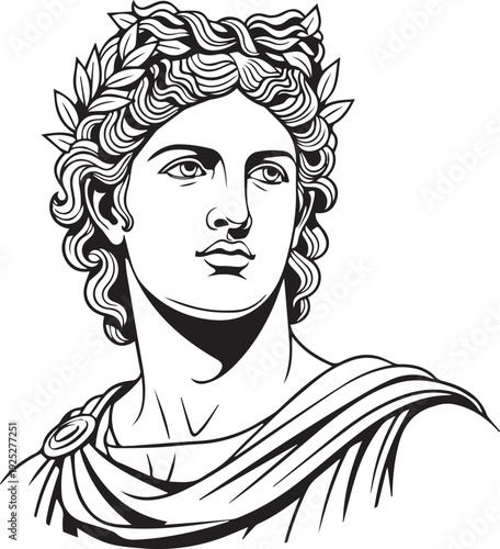 Ancient Greek God Apollo Bust. Ancient classical mythological male portrait with laurel wreath isolated. Historic Roman antiquity line art drawing for dramatic classic mythology art design