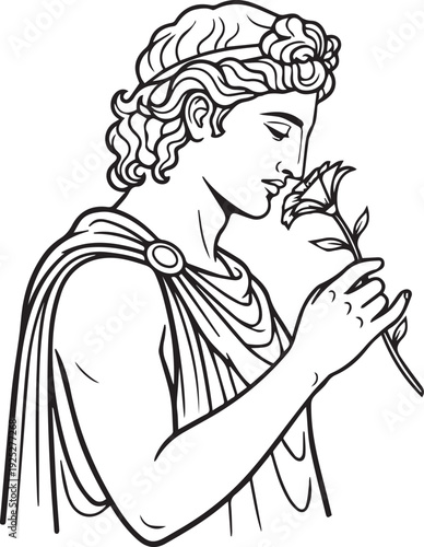 Ancient Greek God Apollo With Flower. Classical mythological male deity holding a blossom isolated. Historic Roman antiquity line art drawing for elegant botanical and classic mythology art design
