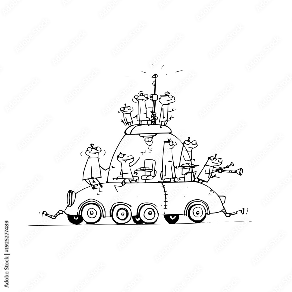 Fototapeta premium Whimsical illustration of a fantastical vehicle with multiple passengers and protruding features on a white background