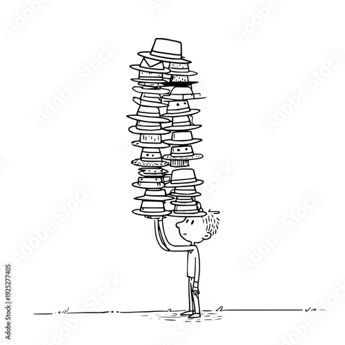 Cartoon man carrying extremely tall stack of various hats on head symbolizing many roles or responsibilities