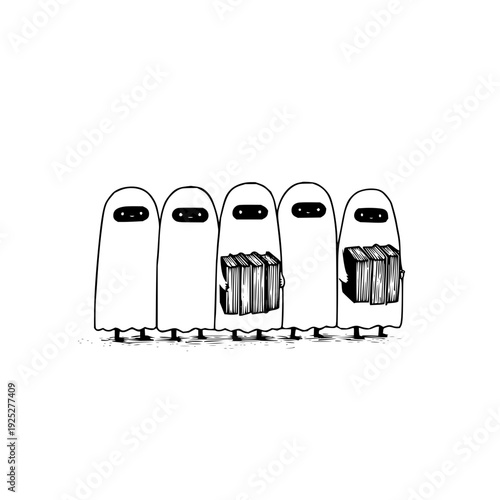 Four white ghostly figures with books standing in a row on a plain background