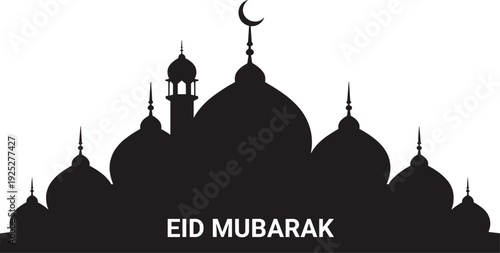 Black vector silhouette of a traditional Islamic mosque with multiple domes and a crescent moon for Eid Mubarak Ramadan Kareem and religious celebrations