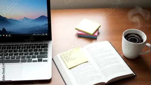 Cozy Home Office Desk with Laptop Book and Steaming Coffee