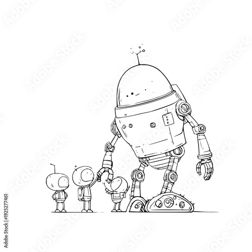 Large robot standing with three small robots illustration line art futuristic scene technology concept