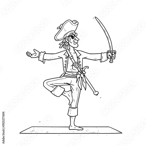 Pirate standing on one leg with sword in hand adventurous and playful illustration