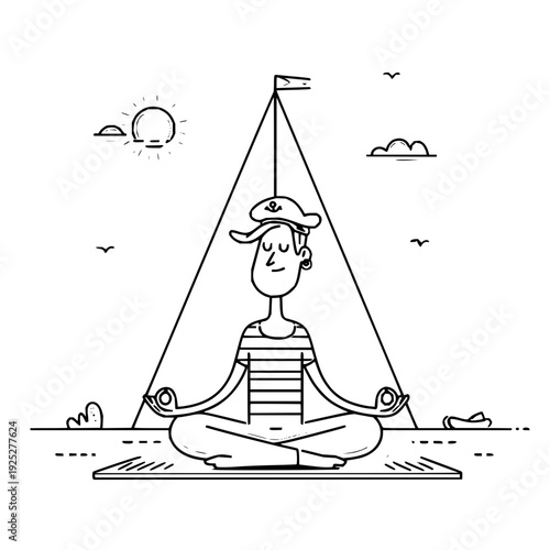 Man meditating in lotus position on beach with tent behind sunny day with birds flying overhead serene atmosphere