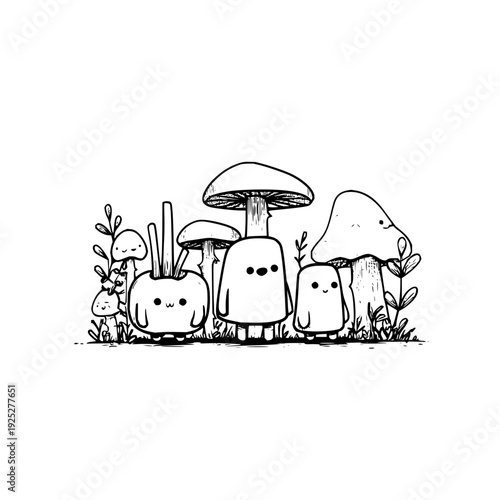 Whimsical cartoon mushrooms and creatures in a forest clearing black and white illustration