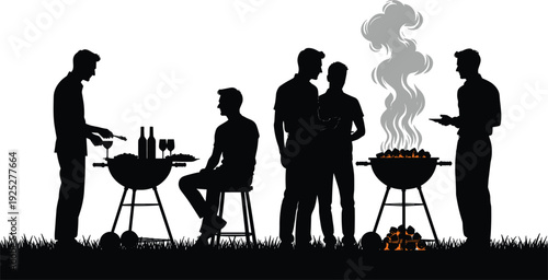 Black vector silhouette of men standing and sitting around outdoor charcoal grills with smoke at a summer barbecue party for social event branding