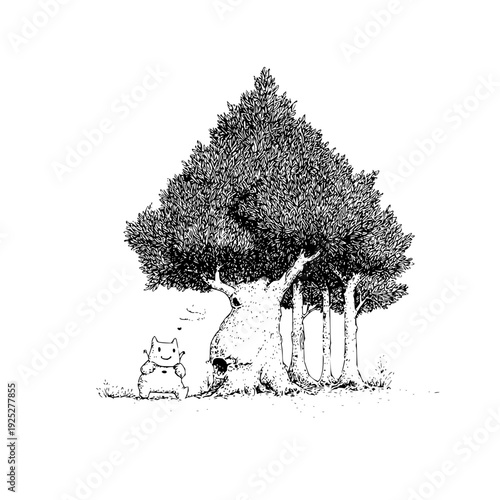 Whimsical illustration of a curious cat sitting by a tree stump in a serene forest clearing with dense foliage