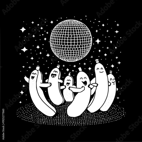 Cartoon bananas dancing under a disco ball at a party with starry night sky background