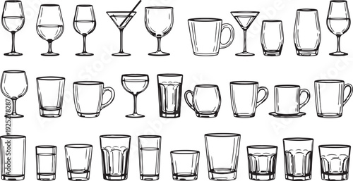 Black and white line of various drinking glasses and mugs line drinking glasses wine glasses 1 martini glasses
