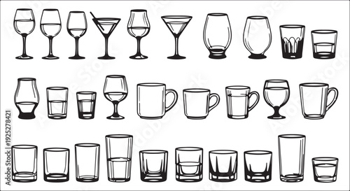 Black and white line of various drinking glasses and mugs line drinking glasses wine glasses cocktail glasses
