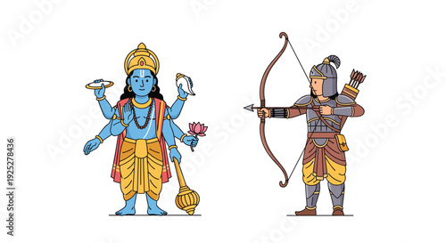 The four-armed deity Vishnu stands holding sacred objects opposite an archer in armor aiming a bow and arrow.