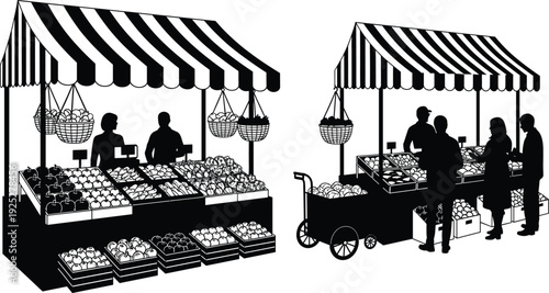 Black vector silhouette set of outdoor farmers market stalls with striped awnings fresh fruit vegetable crates and people shopping for grocery and community branding